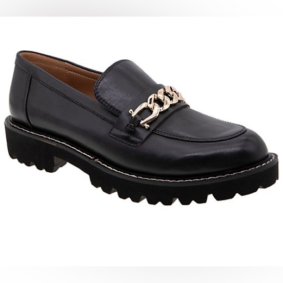 BCBGeneration Shoes - BCBGeneration Black Faux Leather Gold Chain Platform Lug Sole Tinaa Loafers NWOT